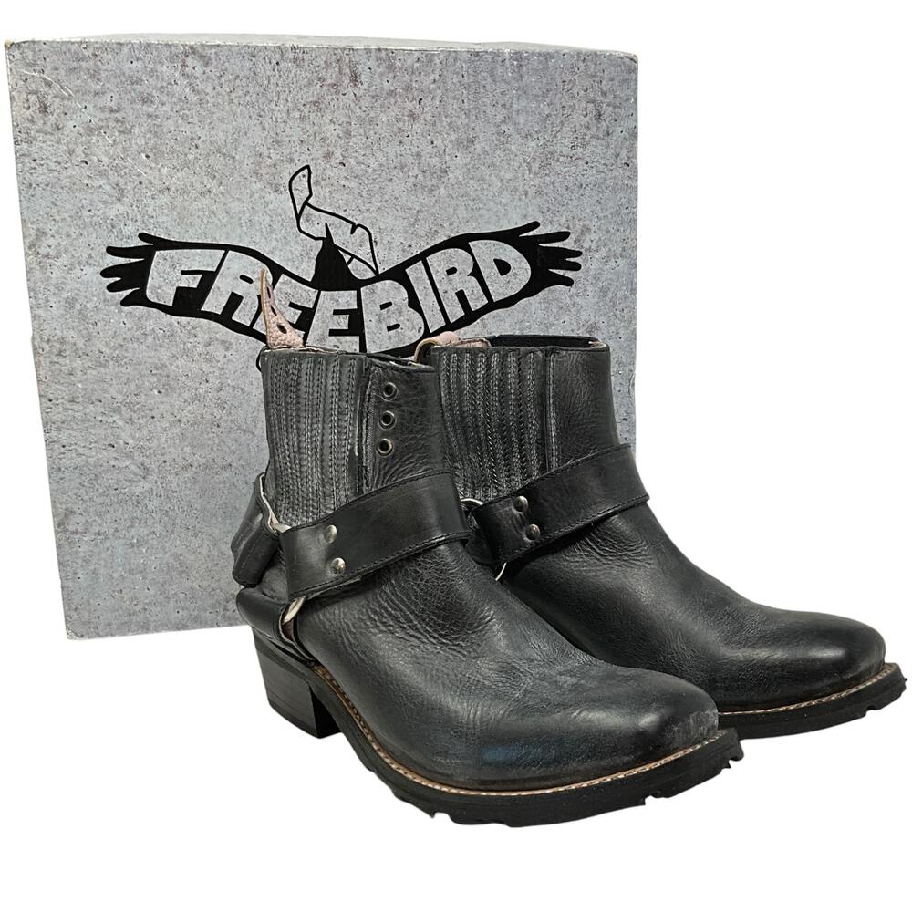 Freebird Whiskey Boots Womens 10 Black Leather Ankle Harness Biker Block Heel